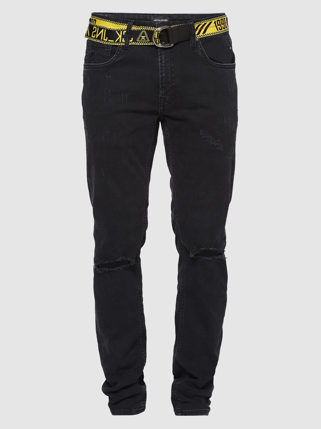 Black Ripped Text Print Ben Slim Fit Jeans