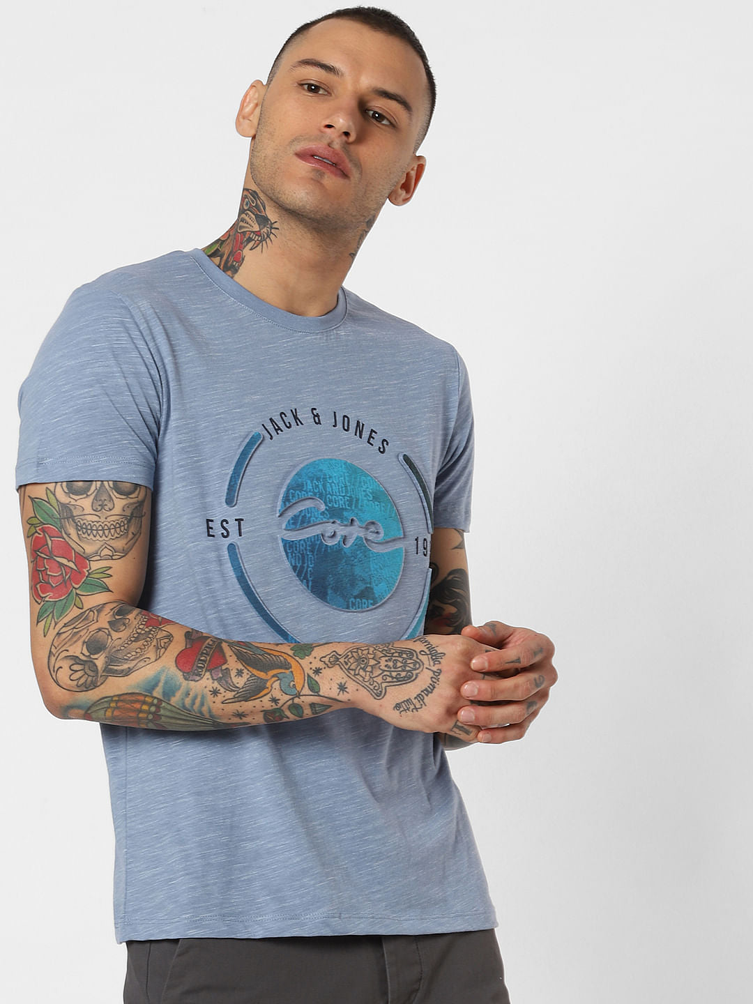 Blue Graphic Print Crew Neck T-Shirt - S