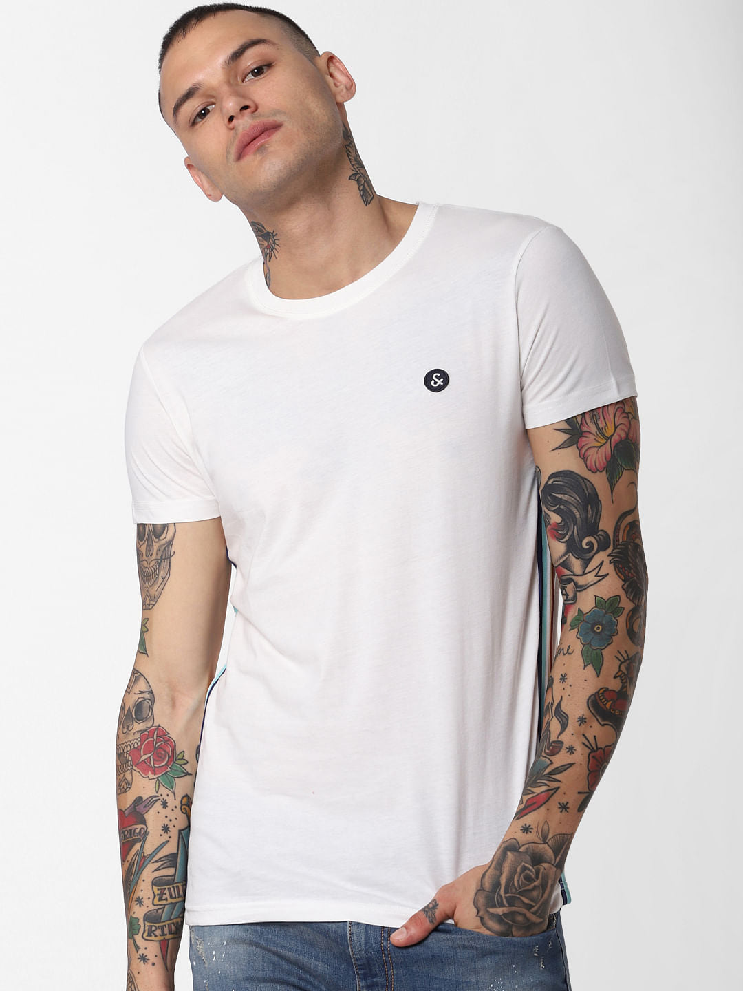 White Tape Detail Crew Neck T-Shirt - S