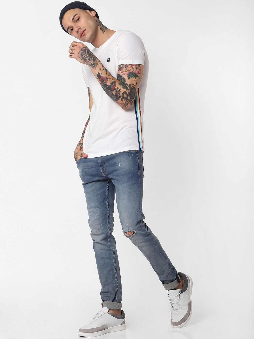 White Tape Detail Crew Neck T-Shirt