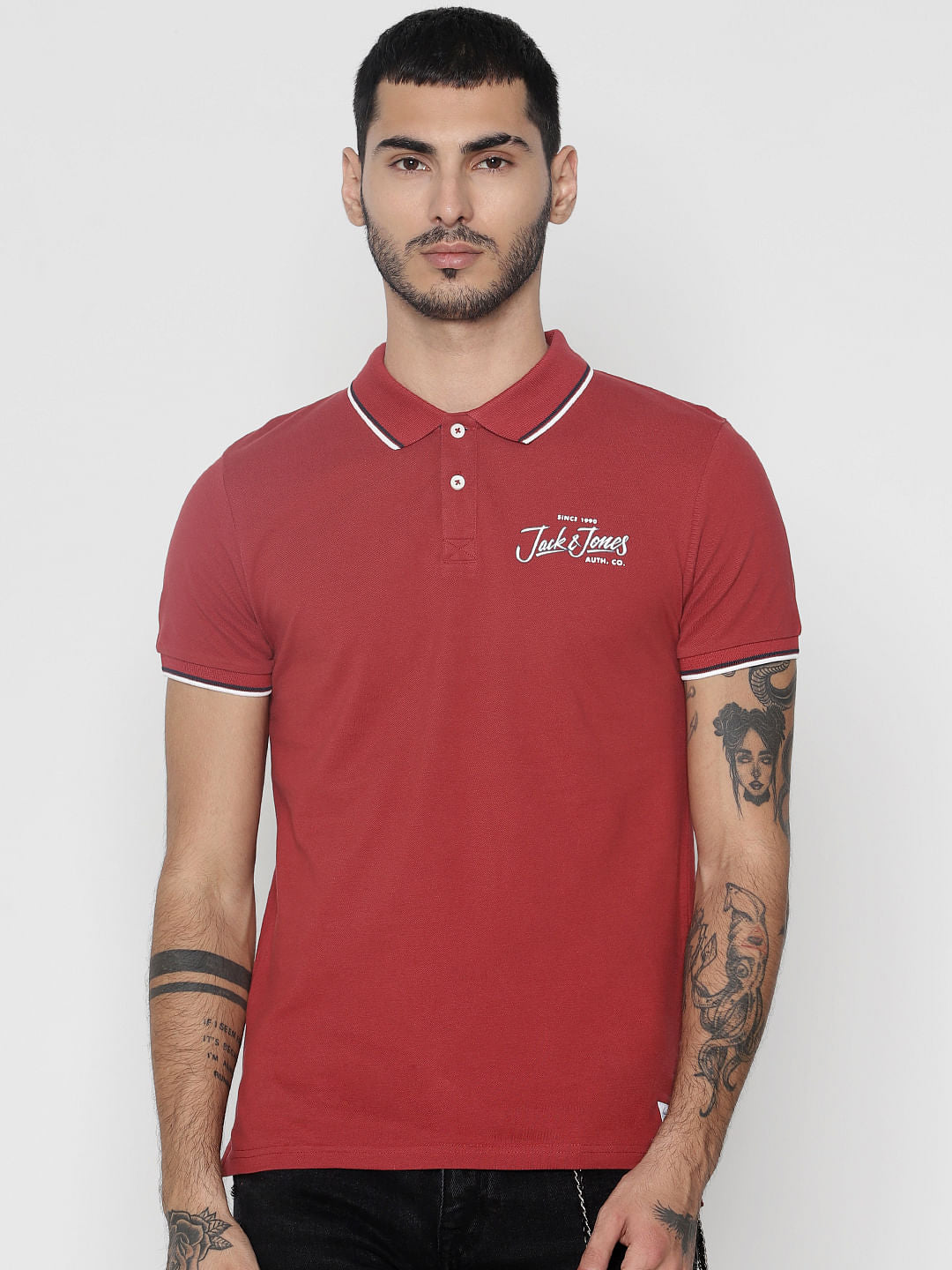 Red Contrast Tipping Polo Neck T-Shirt - S