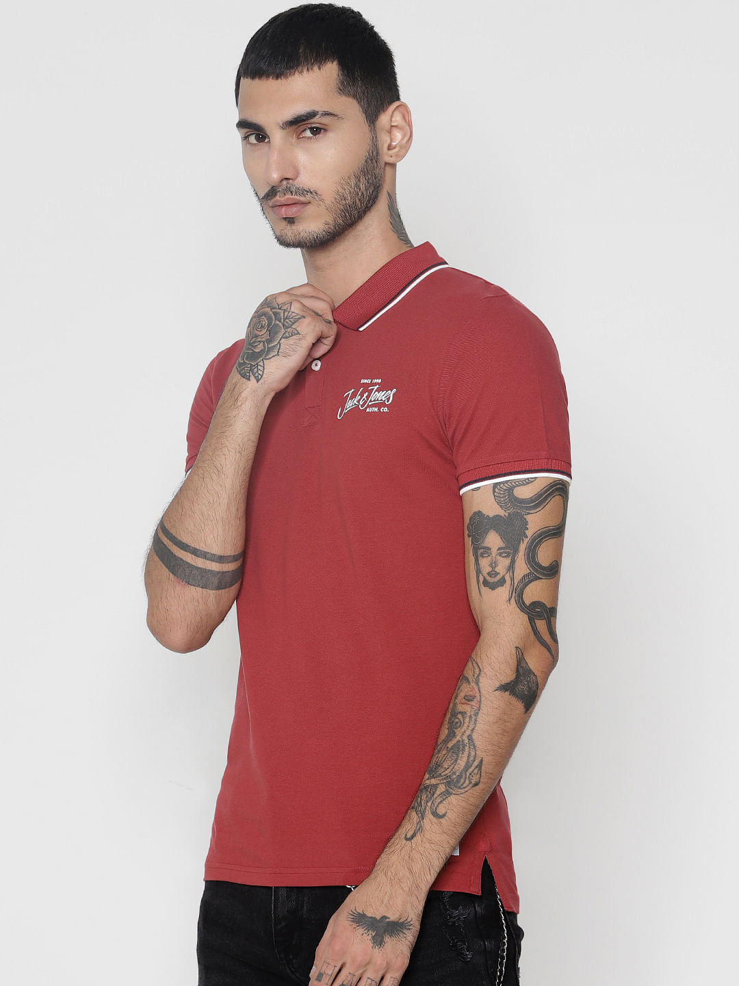 Red Contrast Tipping Polo Neck T-Shirt