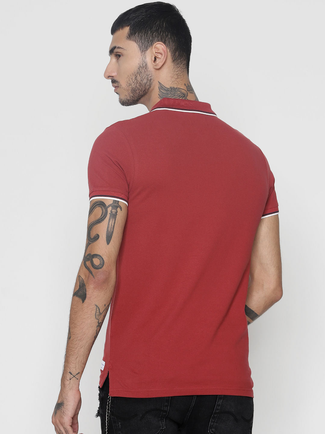 Red Contrast Tipping Polo Neck T-Shirt