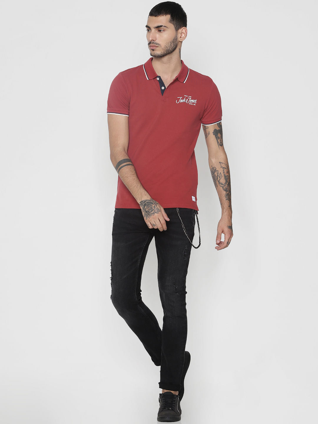 Red Contrast Tipping Polo Neck T-Shirt