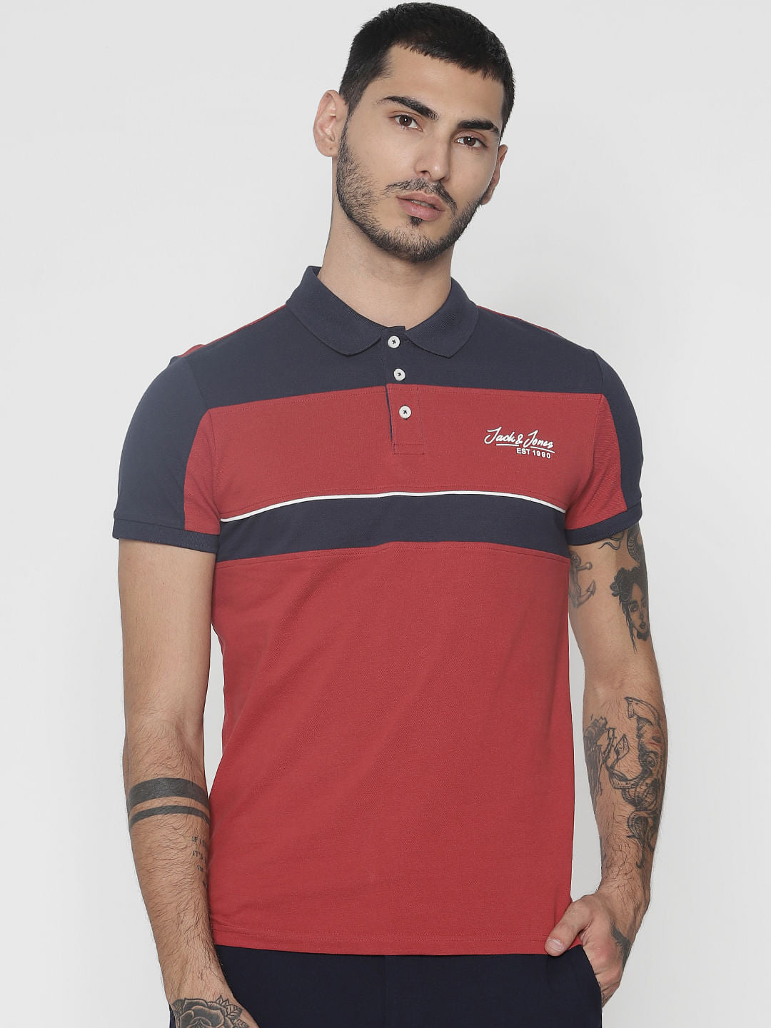 Red Colour Blocked Polo Neck T-Shirt - S