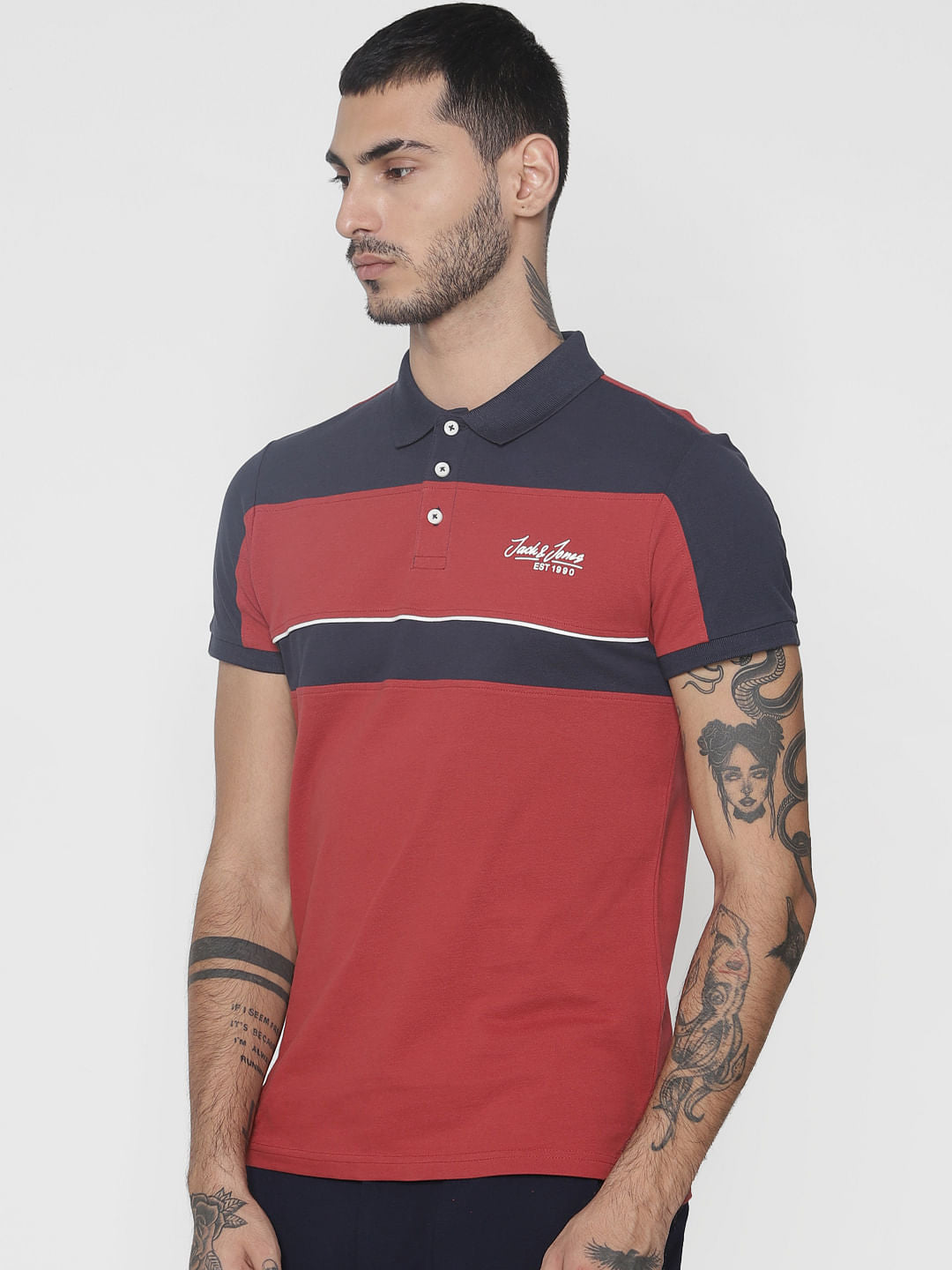 Red Colour Blocked Polo Neck T-Shirt