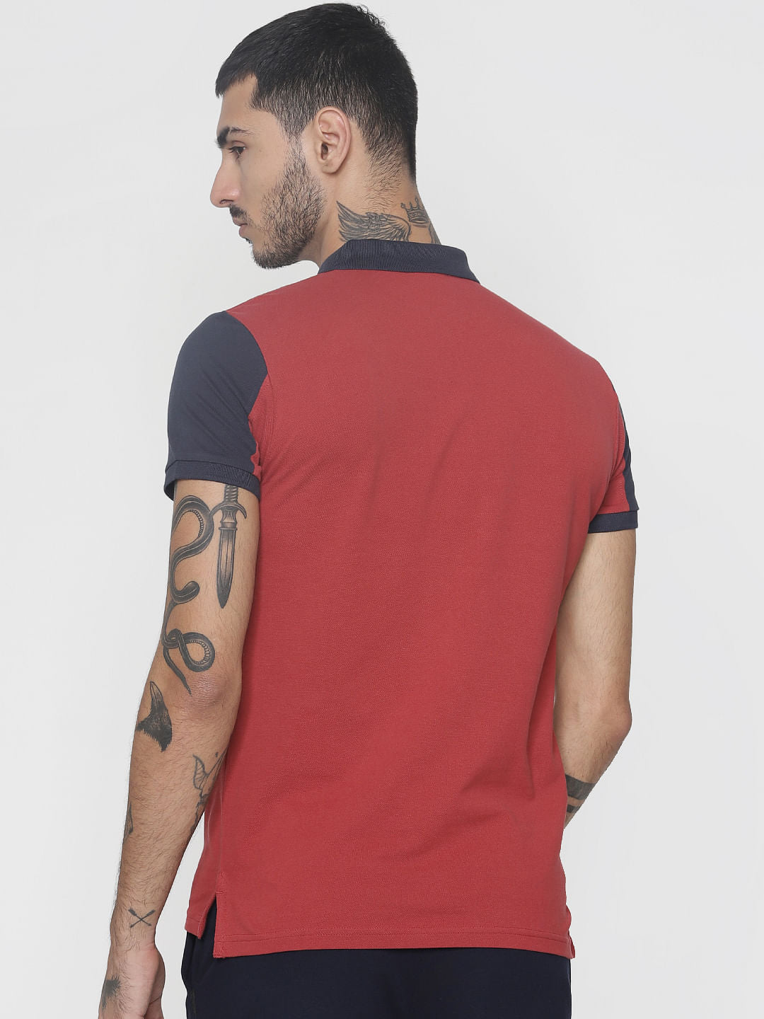 Red Colour Blocked Polo Neck T-Shirt