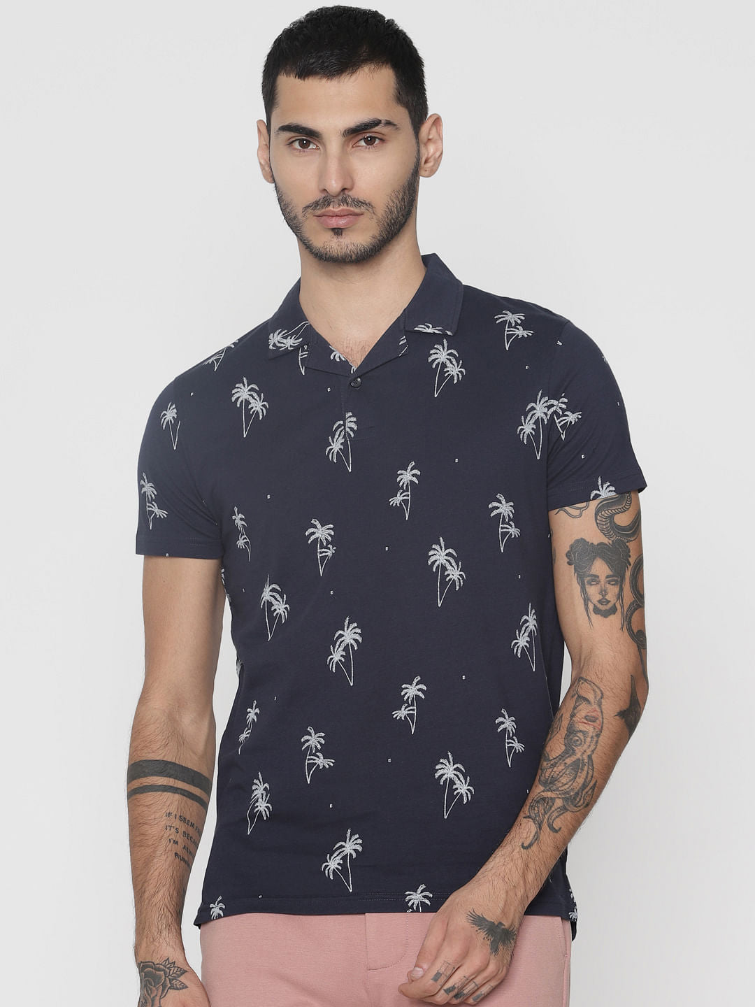 Navy Blue All Over Print Polo Neck T-Shirt - S