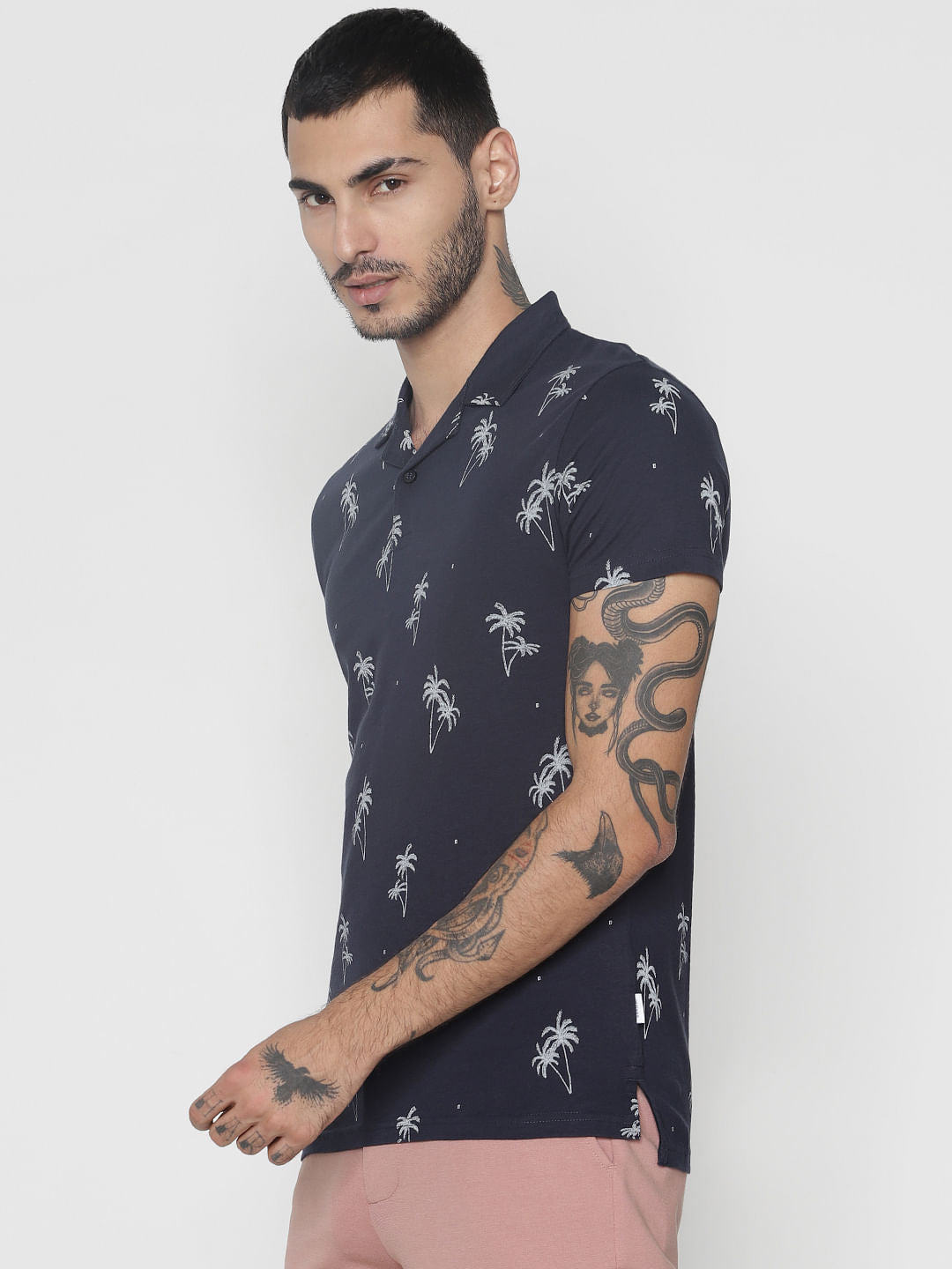 Navy Blue All Over Print Polo Neck T-Shirt
