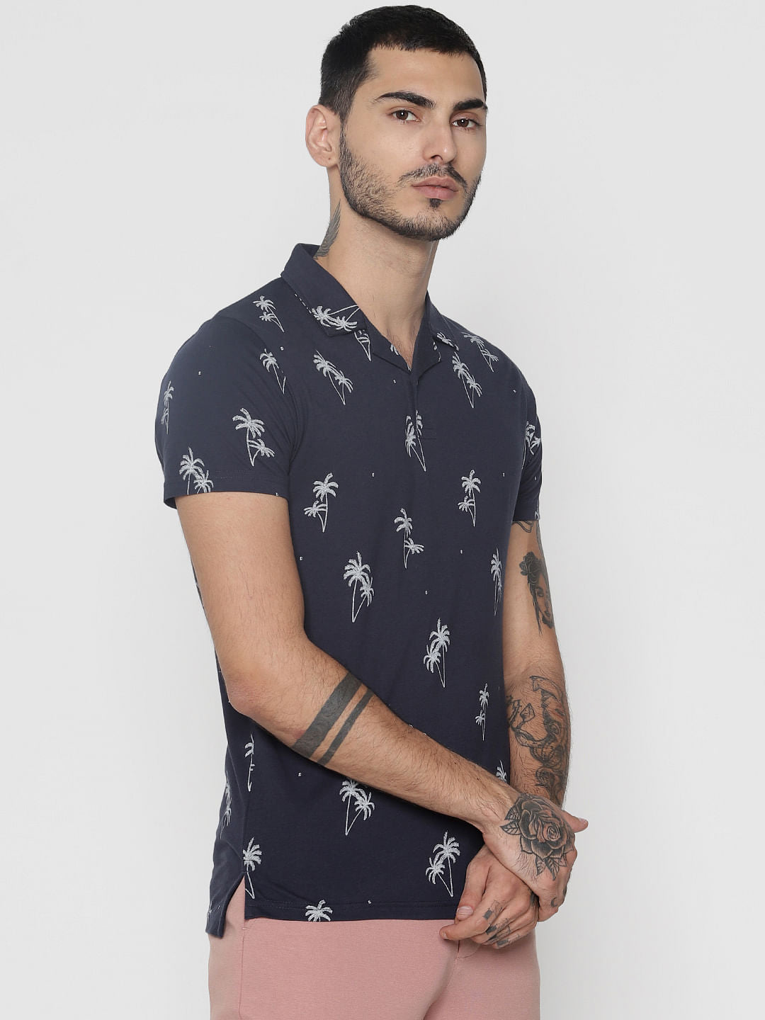 Navy Blue All Over Print Polo Neck T-Shirt