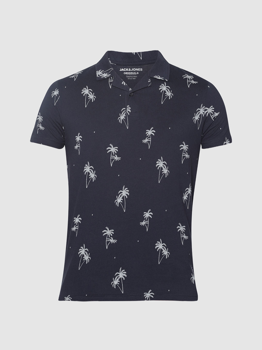 Navy Blue All Over Print Polo Neck T-Shirt