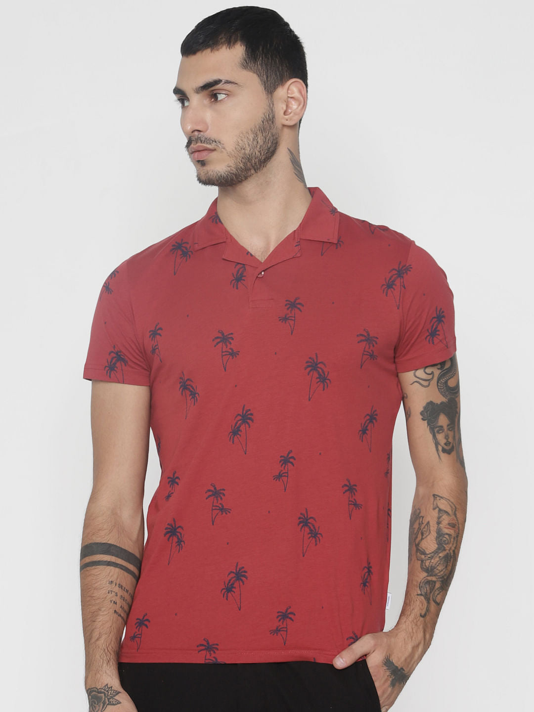 Red All Over Print Polo Neck T-Shirt