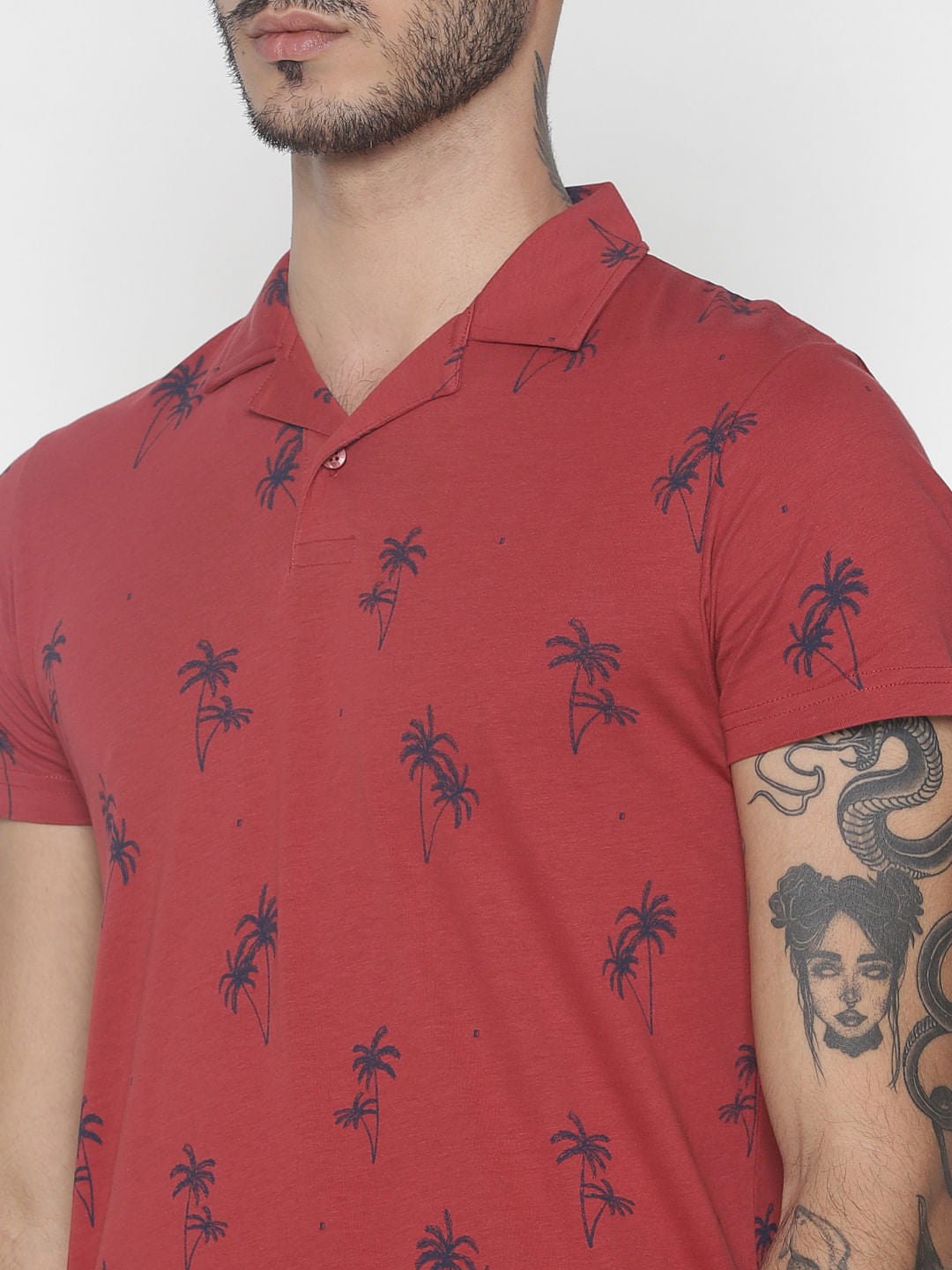 Red All Over Print Polo Neck T-Shirt