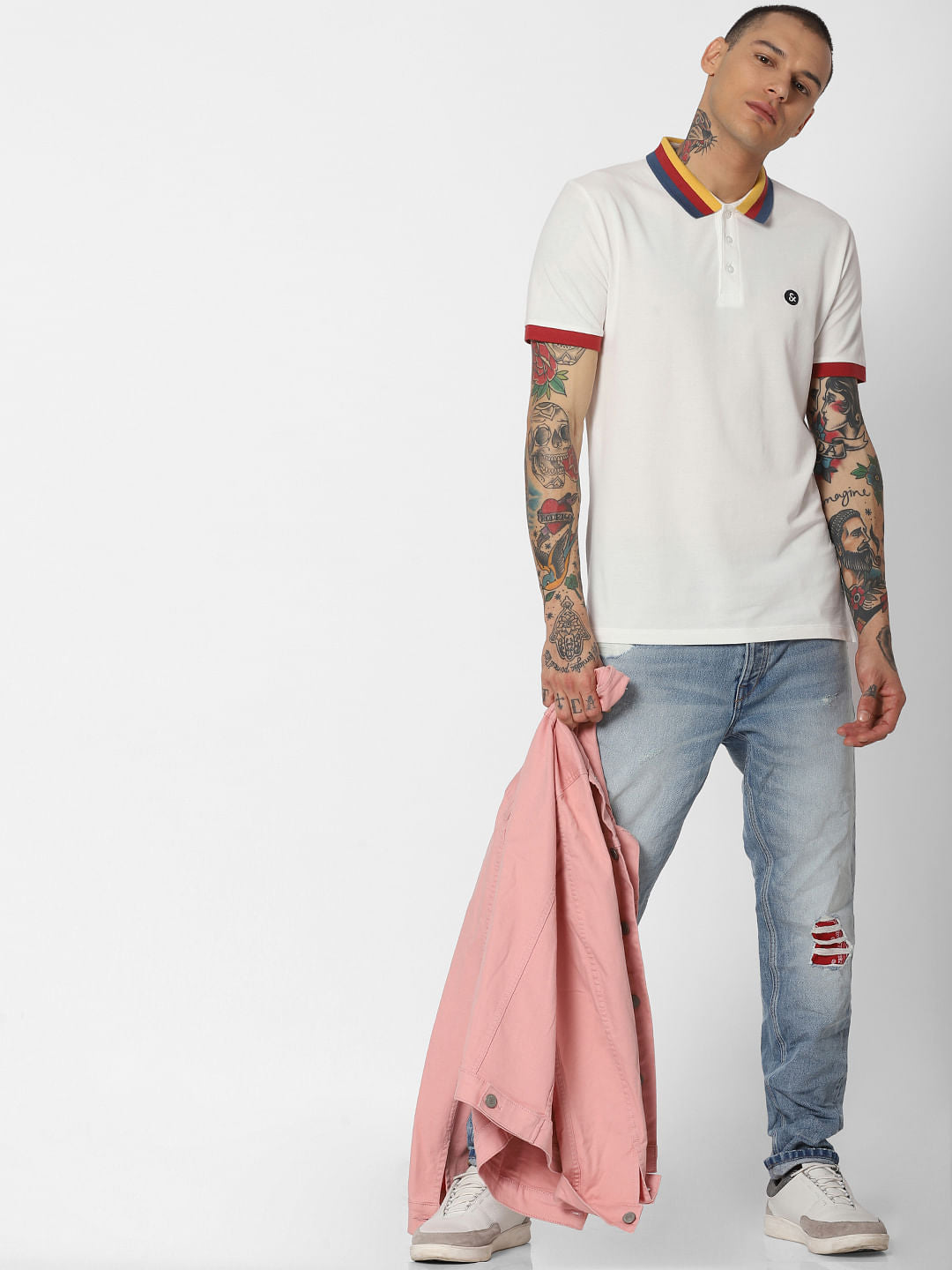 White Contrast Tipping Polo Neck T-Shirt