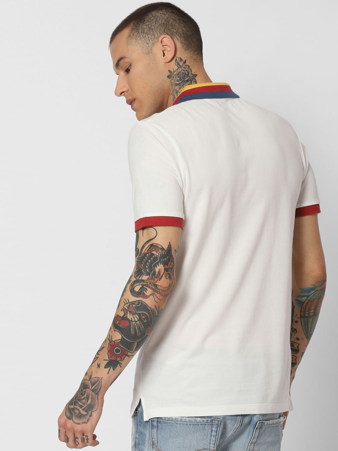 White Contrast Tipping Polo Neck T-Shirt