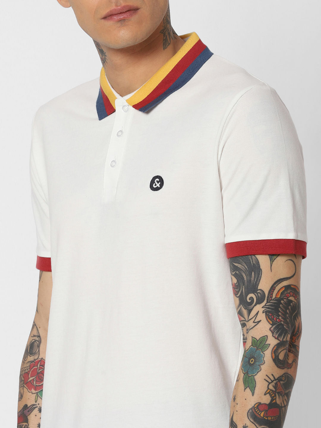 White Contrast Tipping Polo Neck T-Shirt