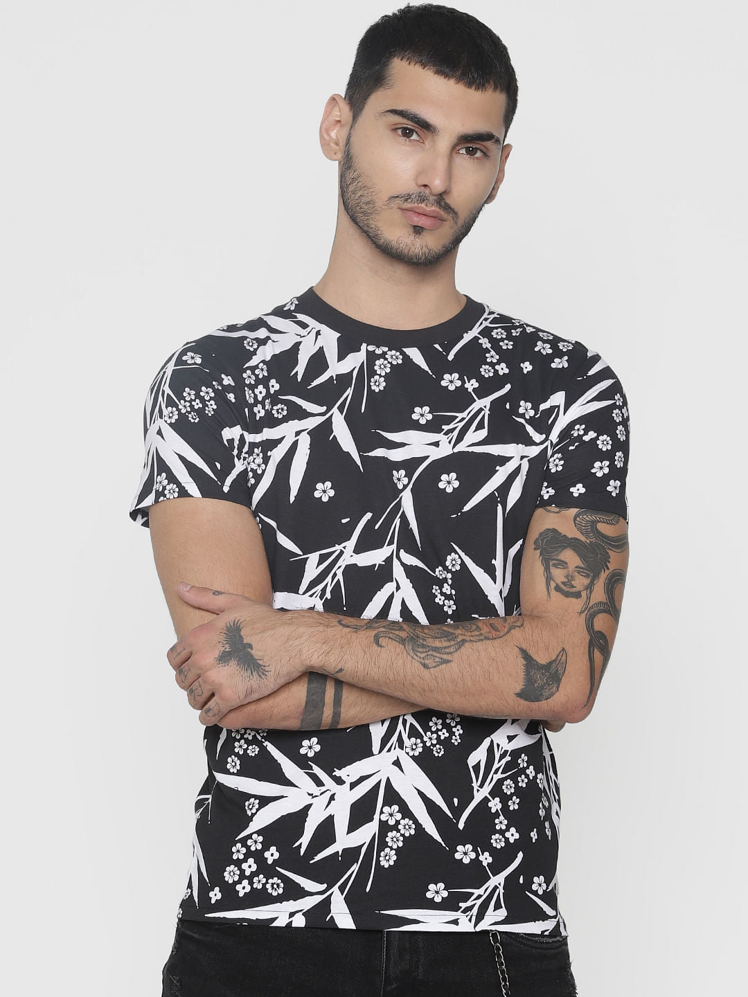Black All Over Print Crew Neck T-Shirt - S