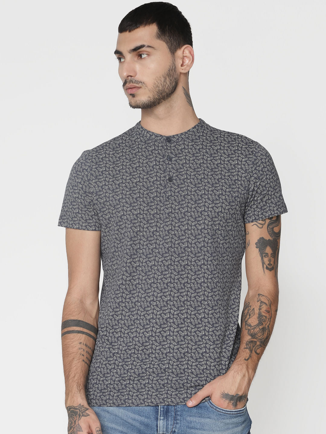 Grey All Over Print Henley T-Shirt - S