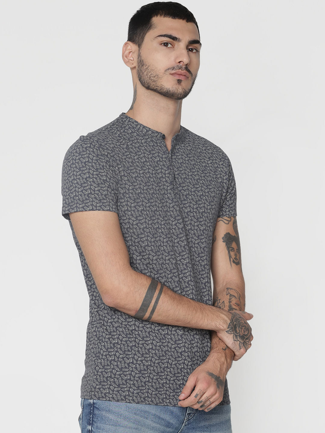 Grey All Over Print Henley T-Shirt