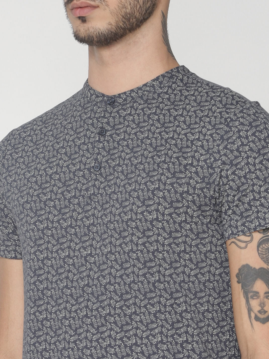 Grey All Over Print Henley T-Shirt