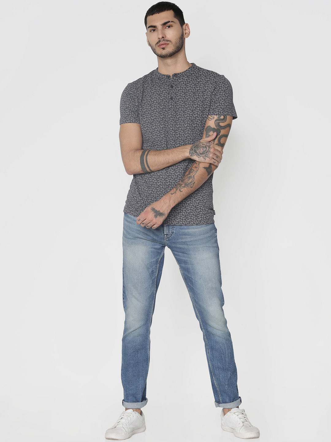 Grey All Over Print Henley T-Shirt