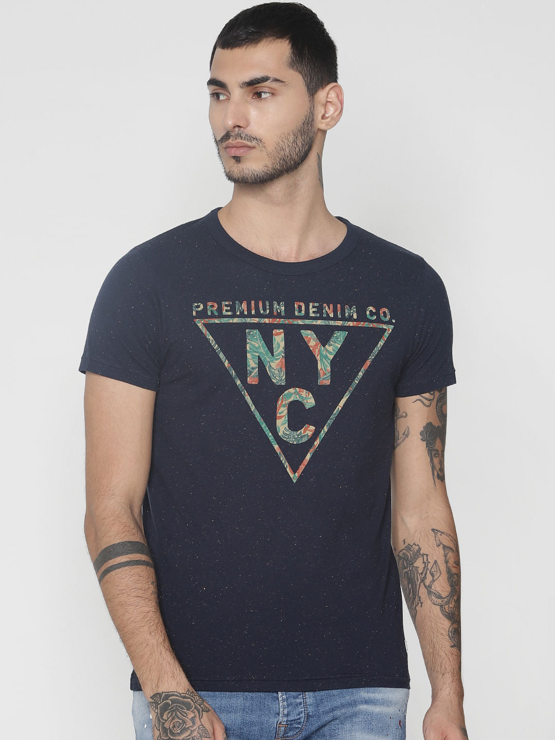 Navy Blue Graphic Print Crew Neck T-Shirt - S