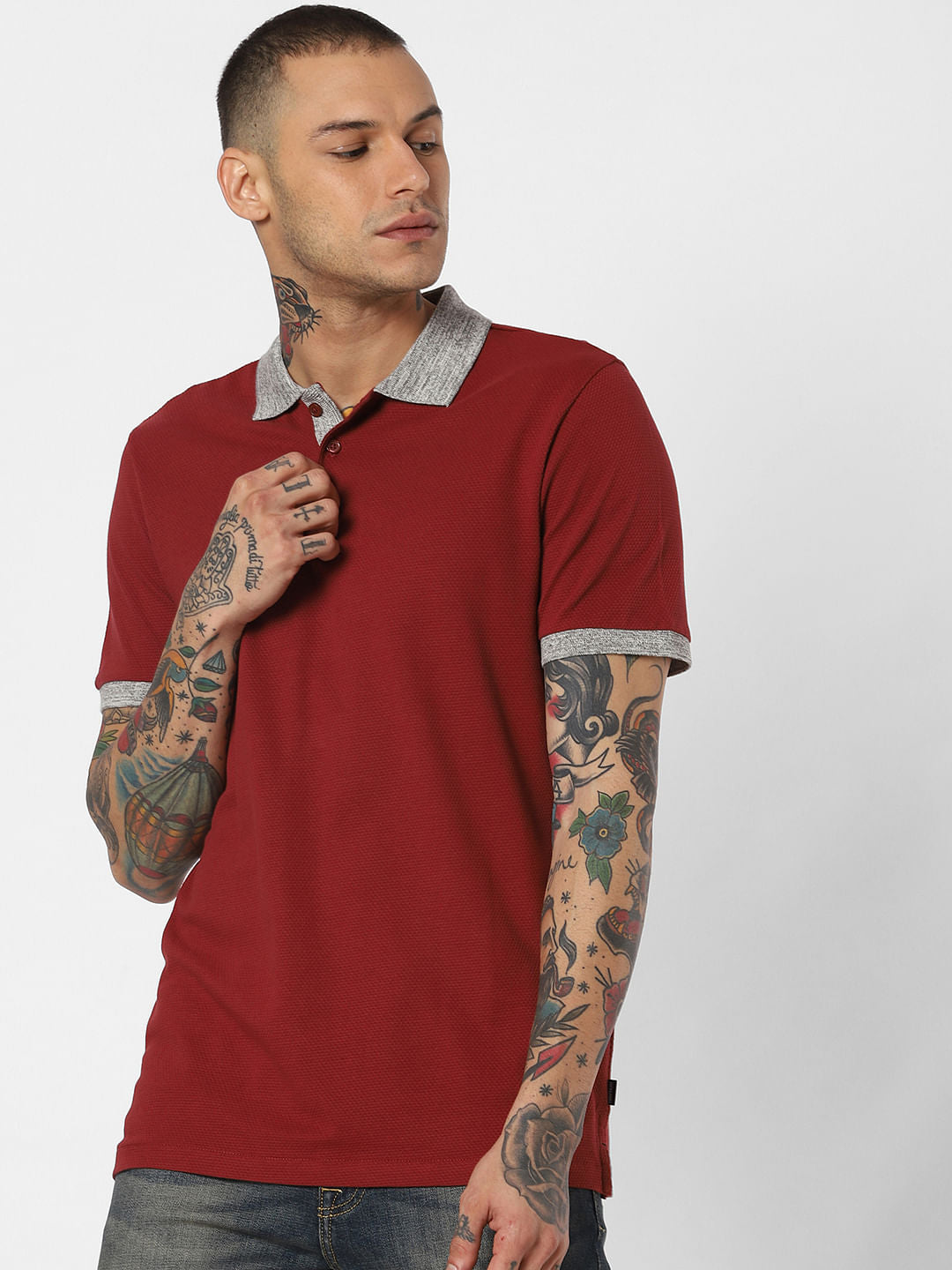 Red Contrast Tipping Polo Neck T-Shirt - S