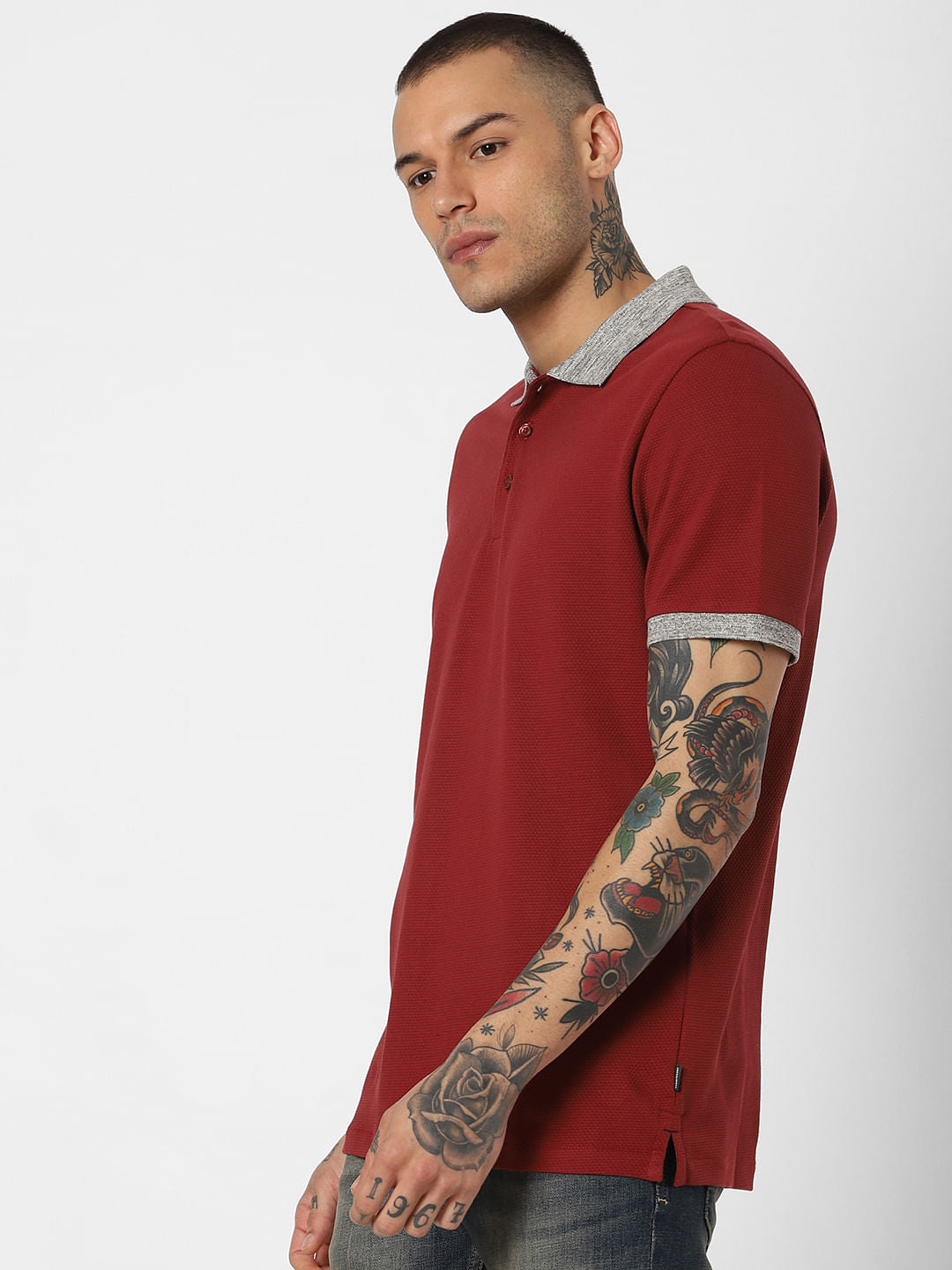 Red Contrast Tipping Polo Neck T-Shirt