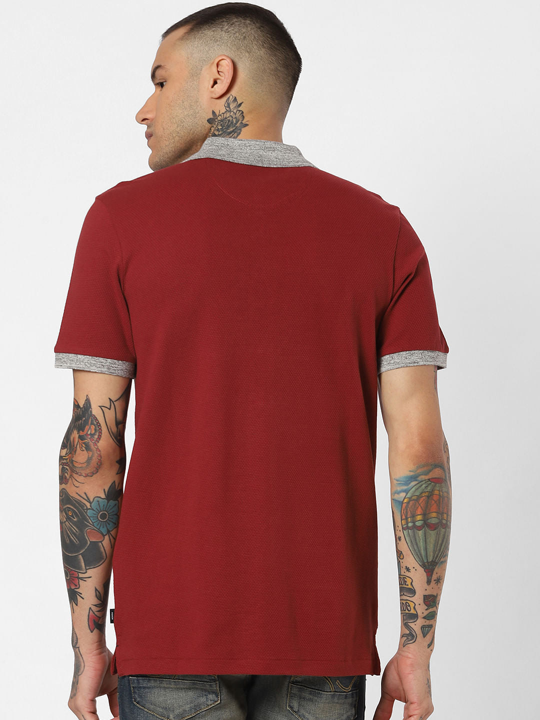 Red Contrast Tipping Polo Neck T-Shirt