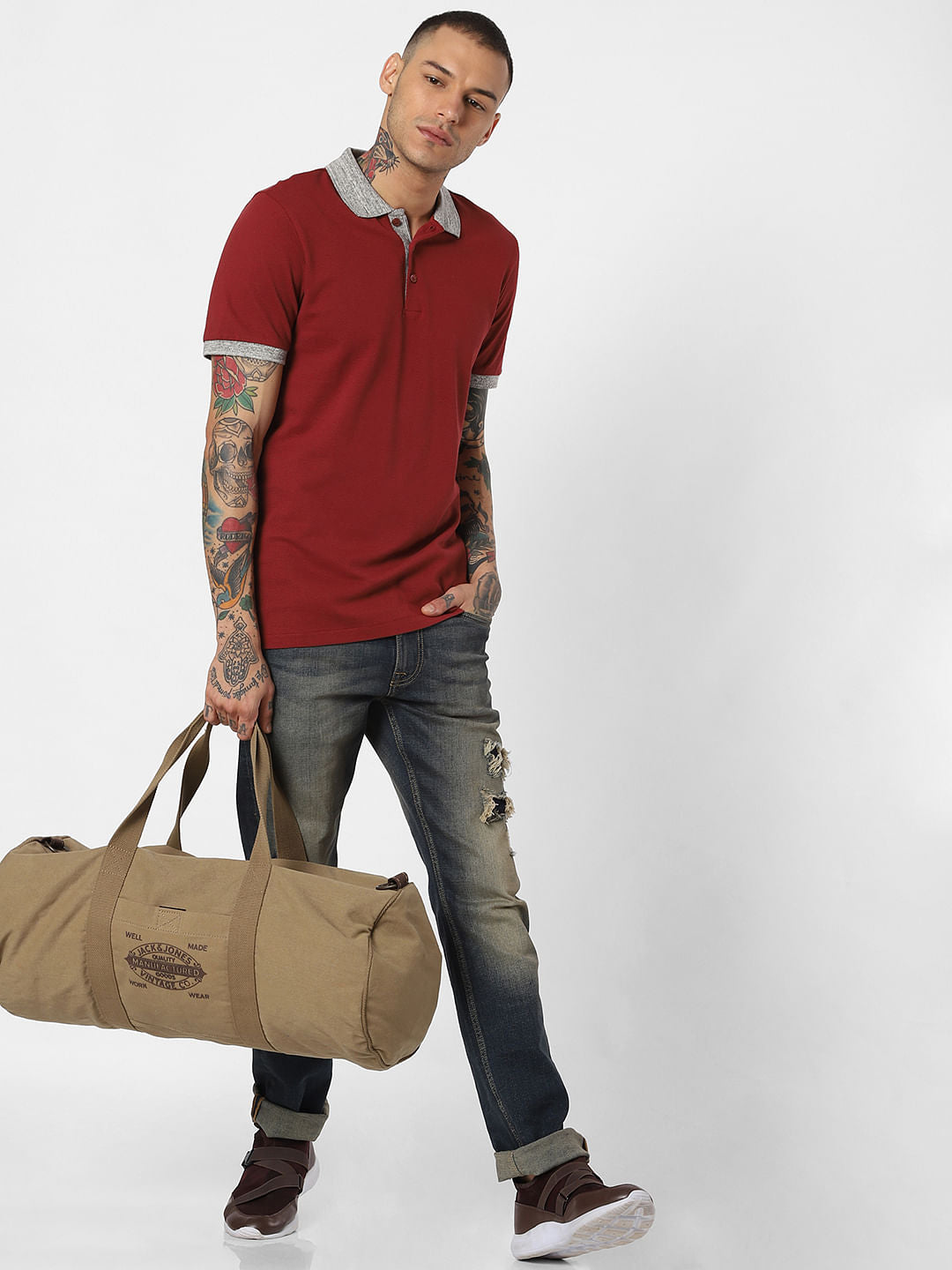 Red Contrast Tipping Polo Neck T-Shirt