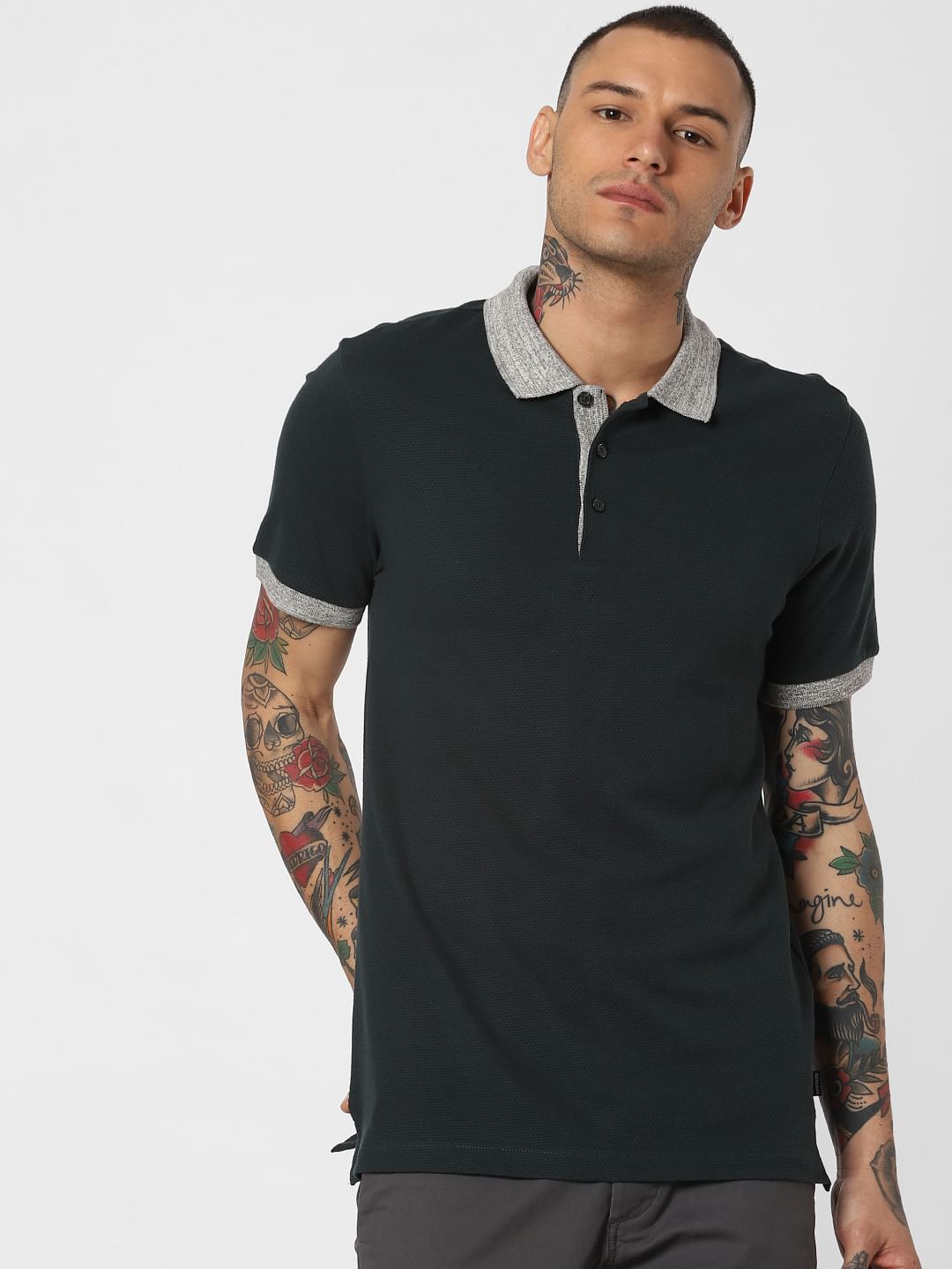 Dark Green Contrast Tipping Polo Neck T-Shirt - S