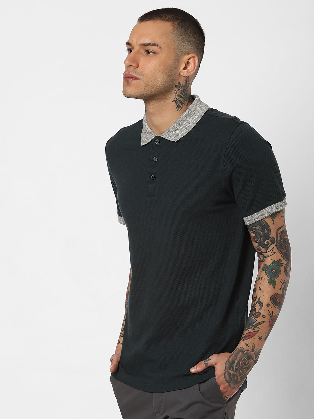 Dark Green Contrast Tipping Polo Neck T-Shirt