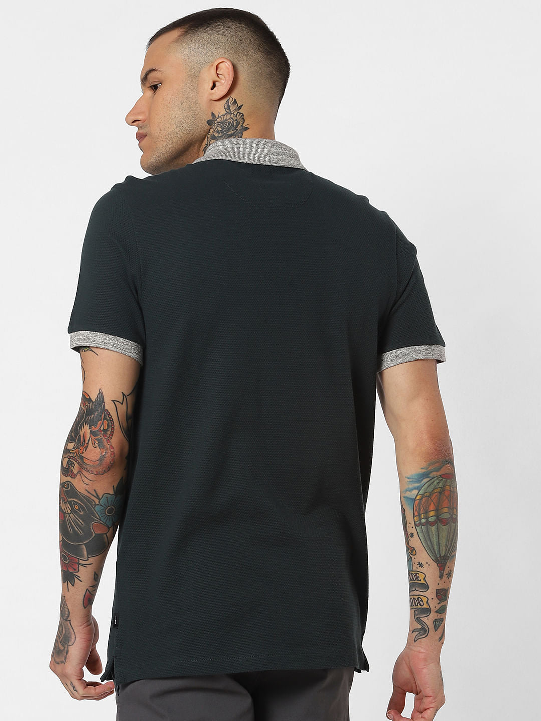 Dark Green Contrast Tipping Polo Neck T-Shirt