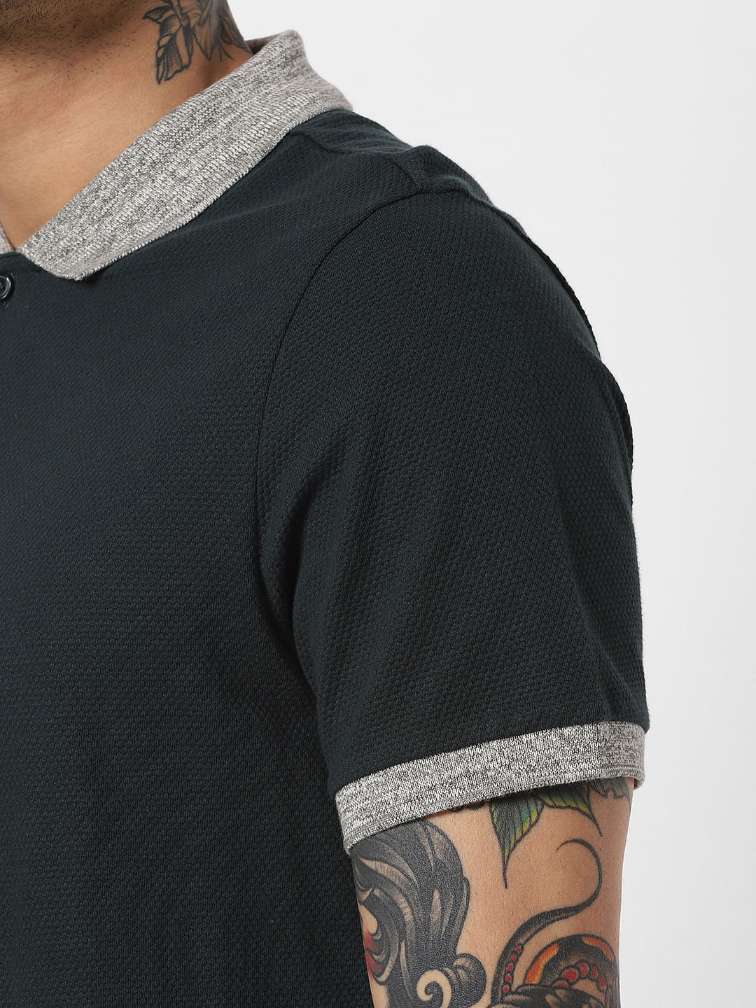 Dark Green Contrast Tipping Polo Neck T-Shirt