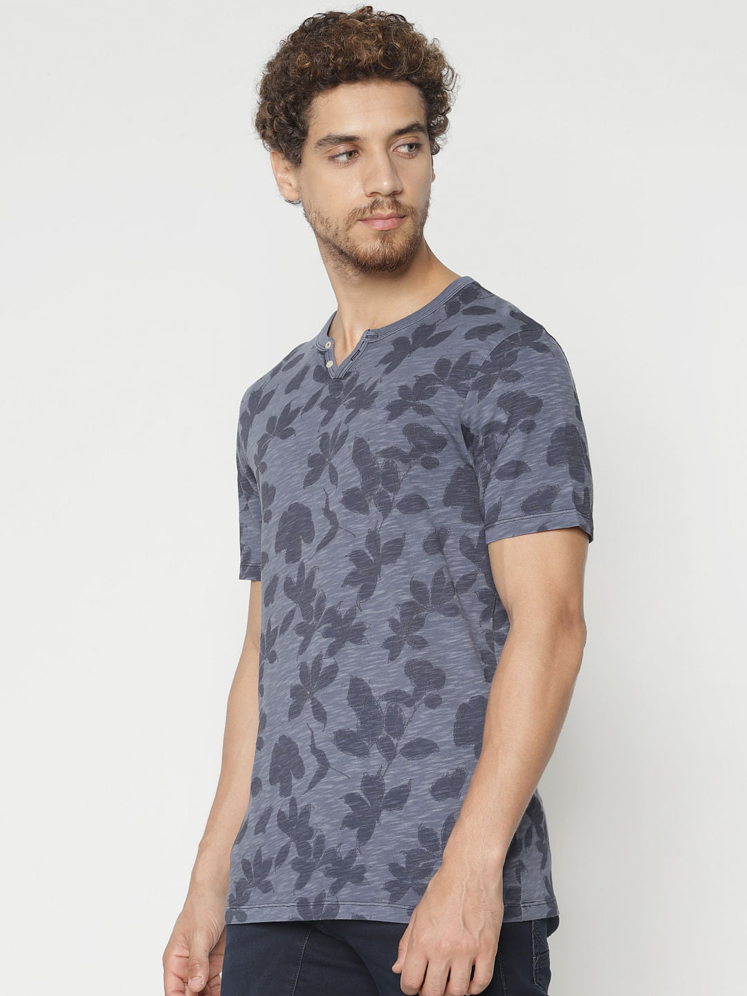 Blue All Over Print Split Neck T-Shirt