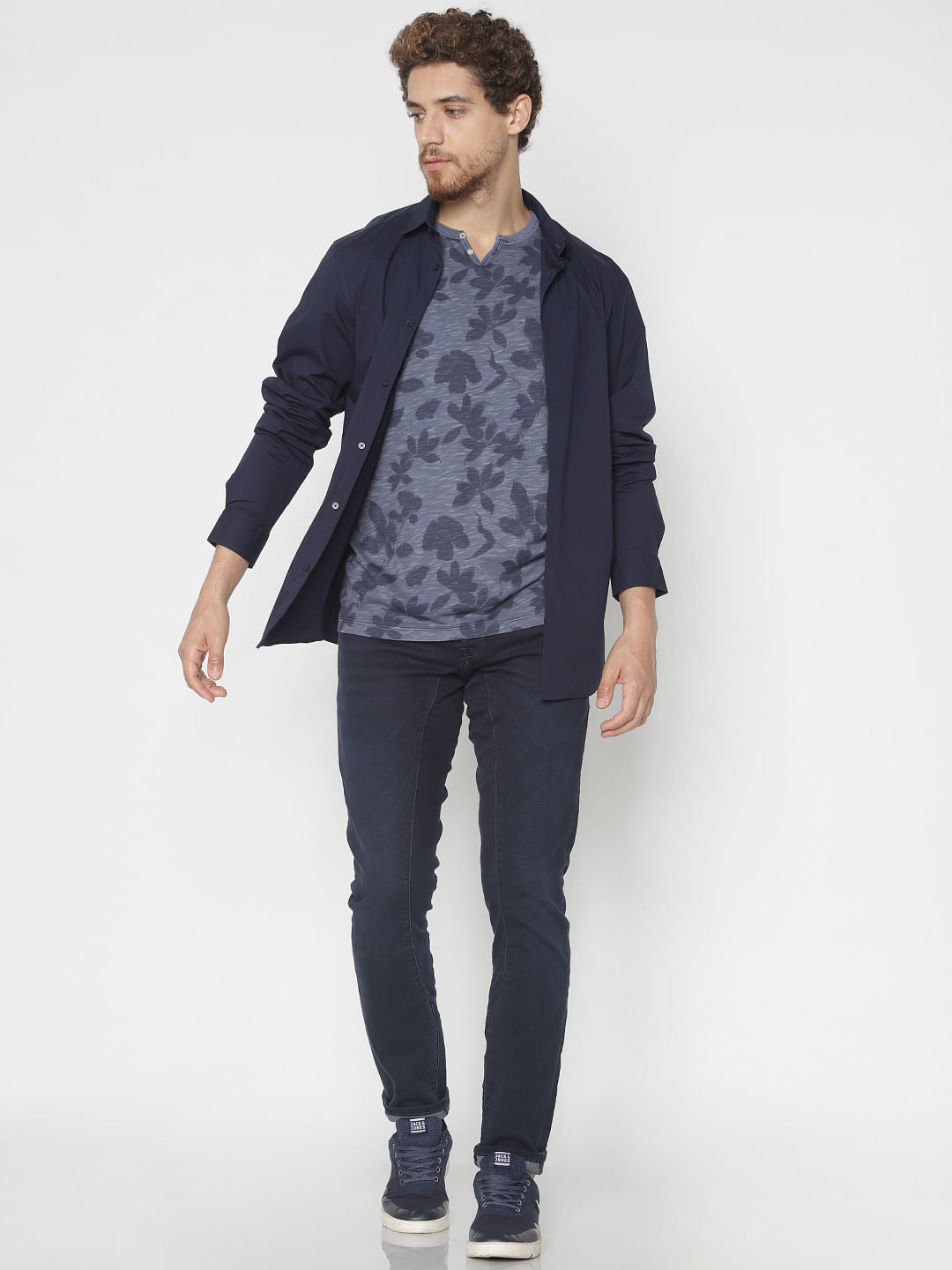 Blue All Over Print Split Neck T-Shirt