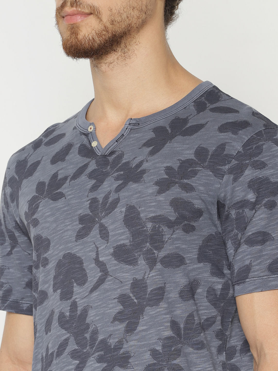 Blue All Over Print Split Neck T-Shirt
