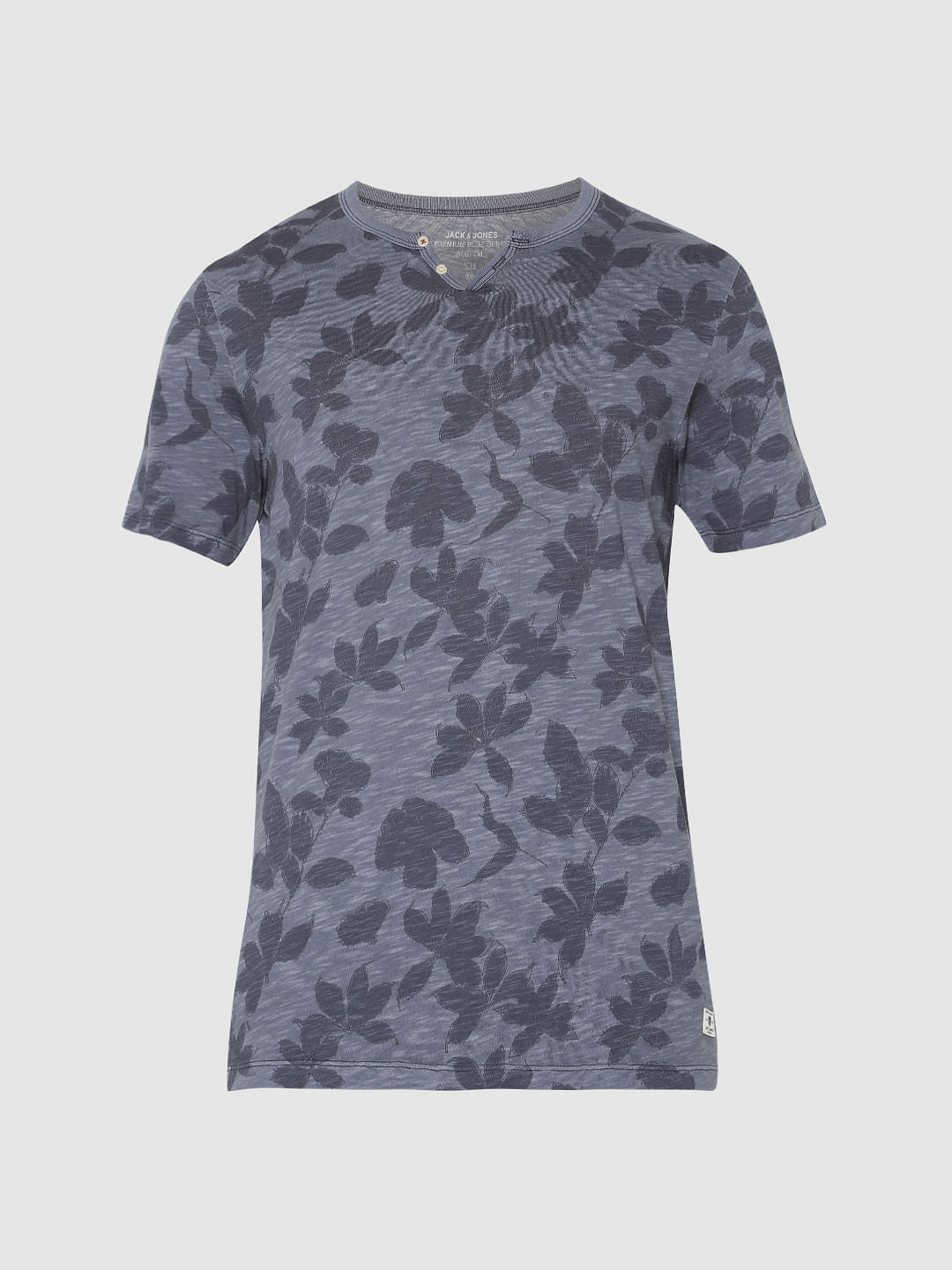 Blue All Over Print Split Neck T-Shirt