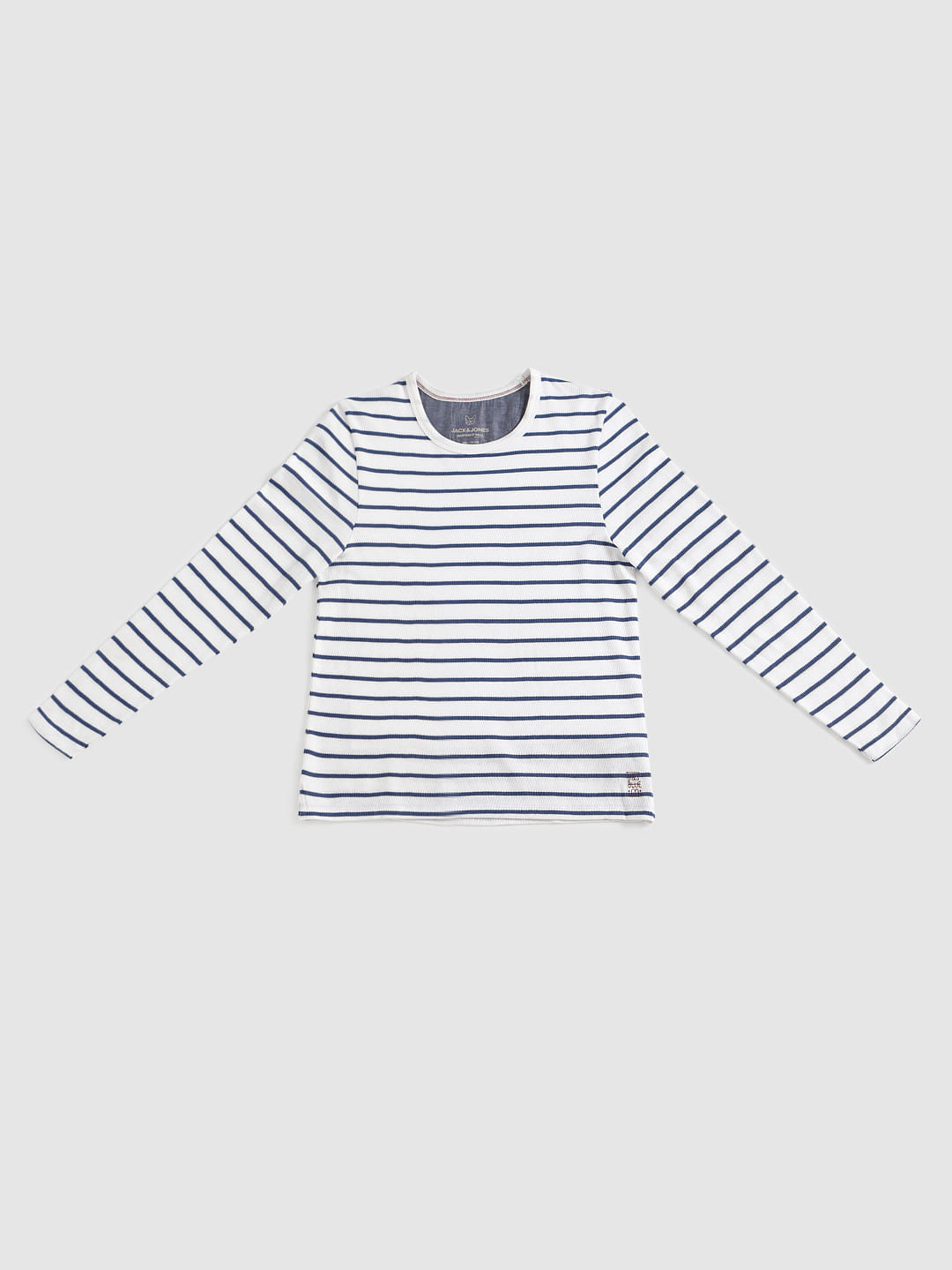 Boys White And Blue Striped Full Sleeves Crew Neck T-Shirt - 128/8Y