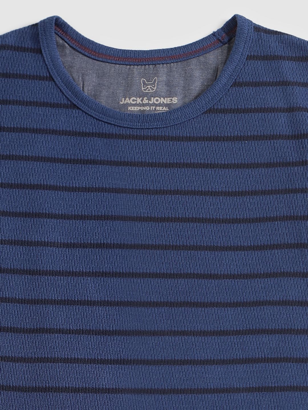 Boys Blue Striped Full Sleeves Crew Neck T-Shirt