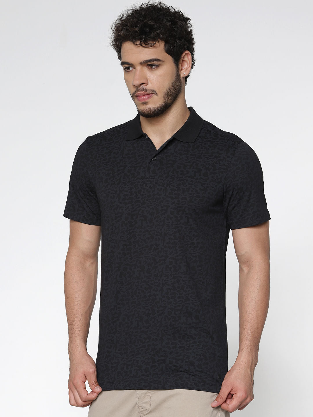 Black Printed Slim Fit Polo Neck T-Shirt - S
