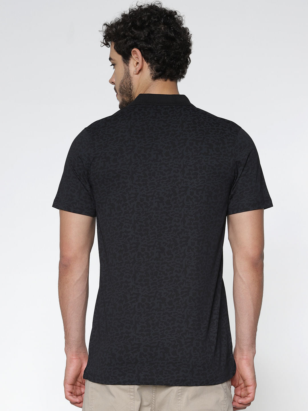 Black Printed Slim Fit Polo Neck T-Shirt