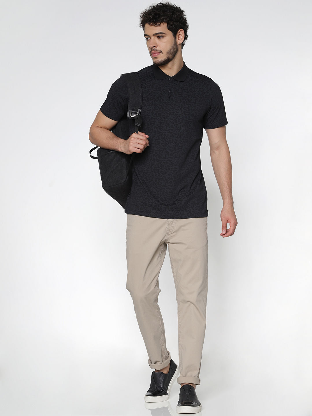 Black Printed Slim Fit Polo Neck T-Shirt