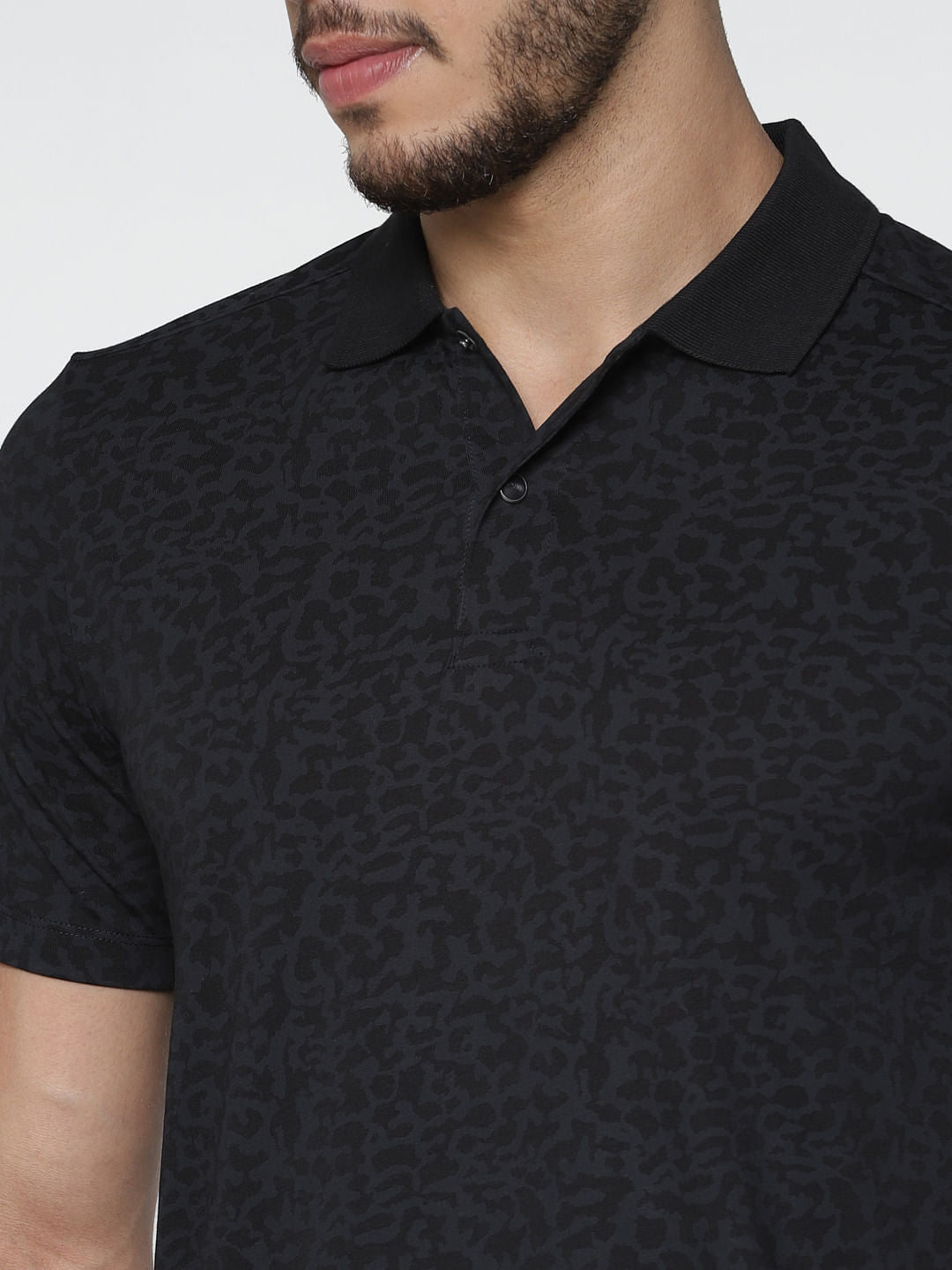 Black Printed Slim Fit Polo Neck T-Shirt
