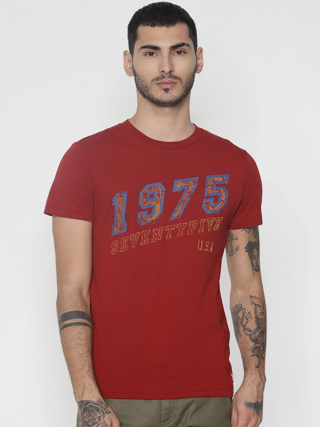 Red Text Print Crew Neck T-Shirt - S