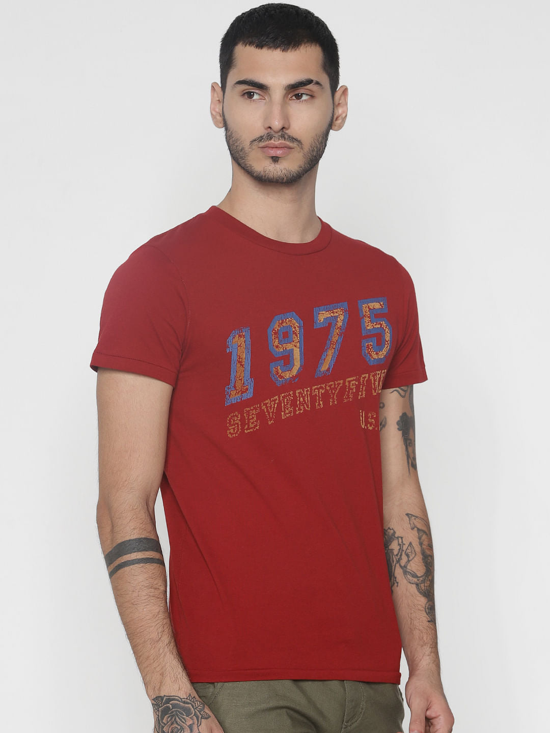 Red Text Print Crew Neck T-Shirt