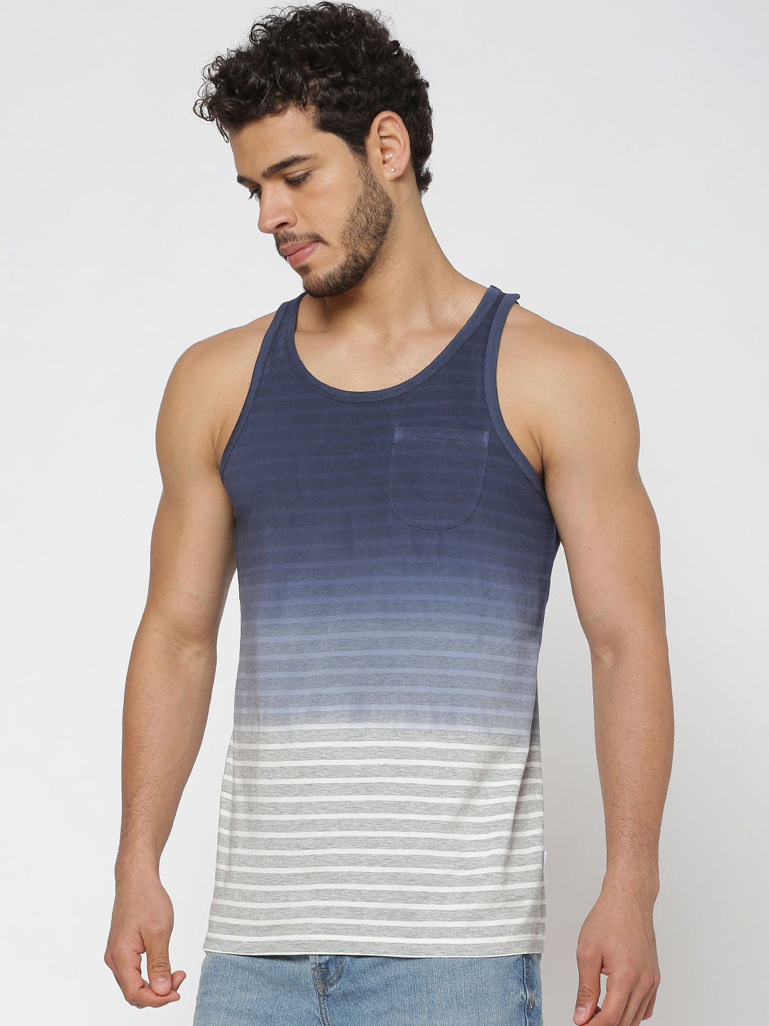 Blue Striped Slim Fit Tank Top - S
