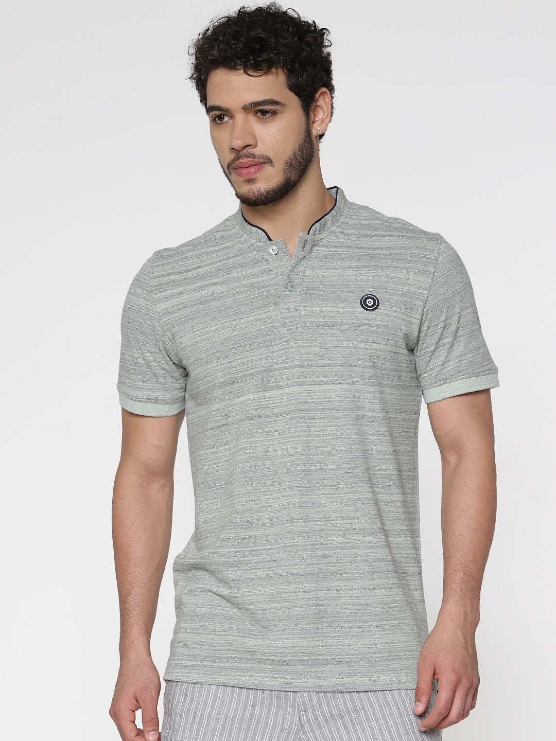Grey Printed Polo Neck T-Shirt