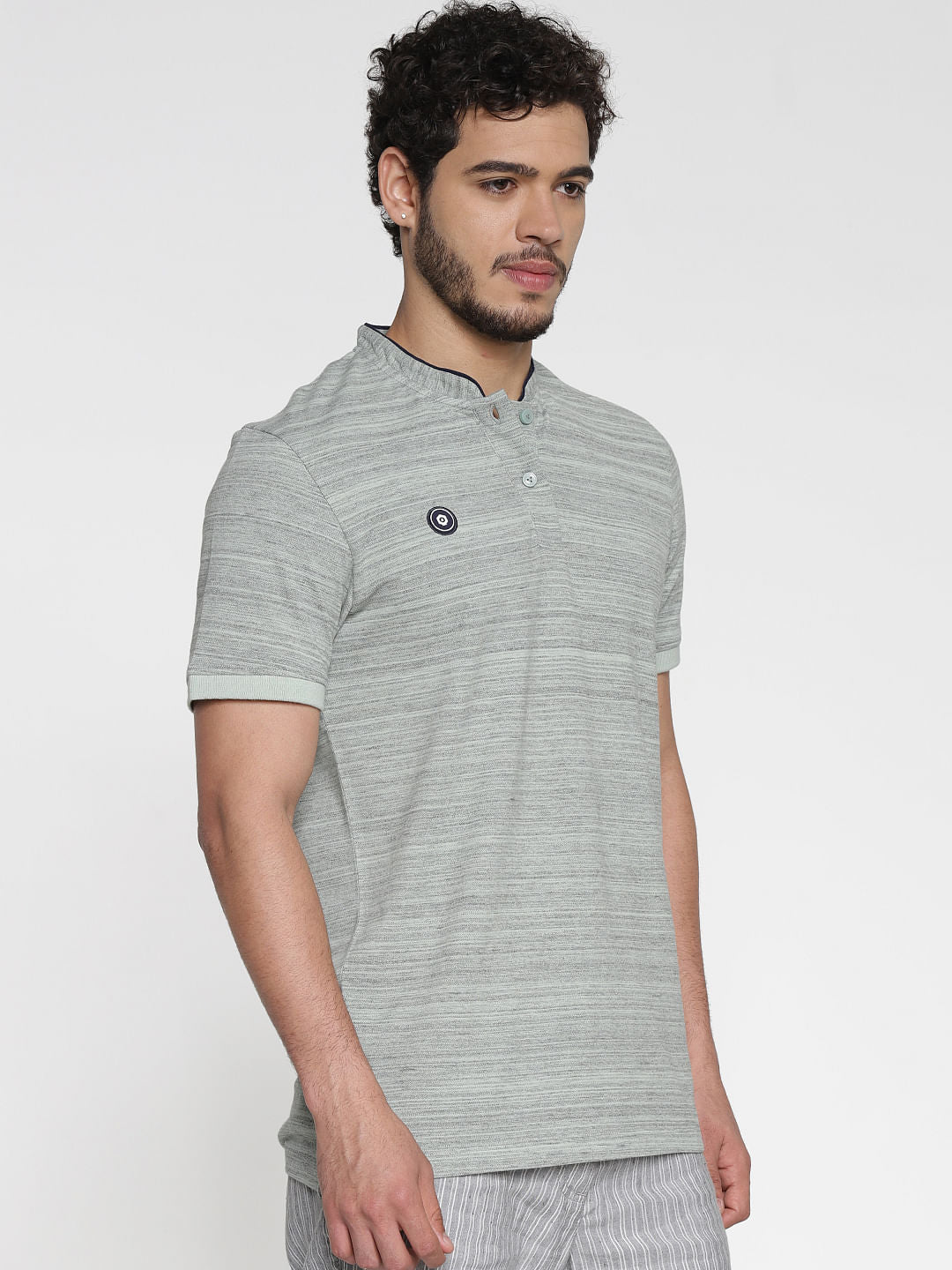 Grey Printed Polo Neck T-Shirt