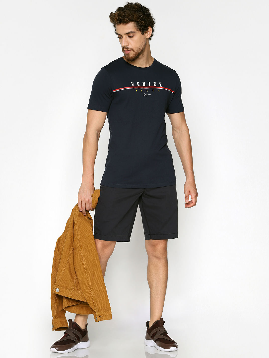 Navy Blue Text Print Crew Neck T-Shirt - S